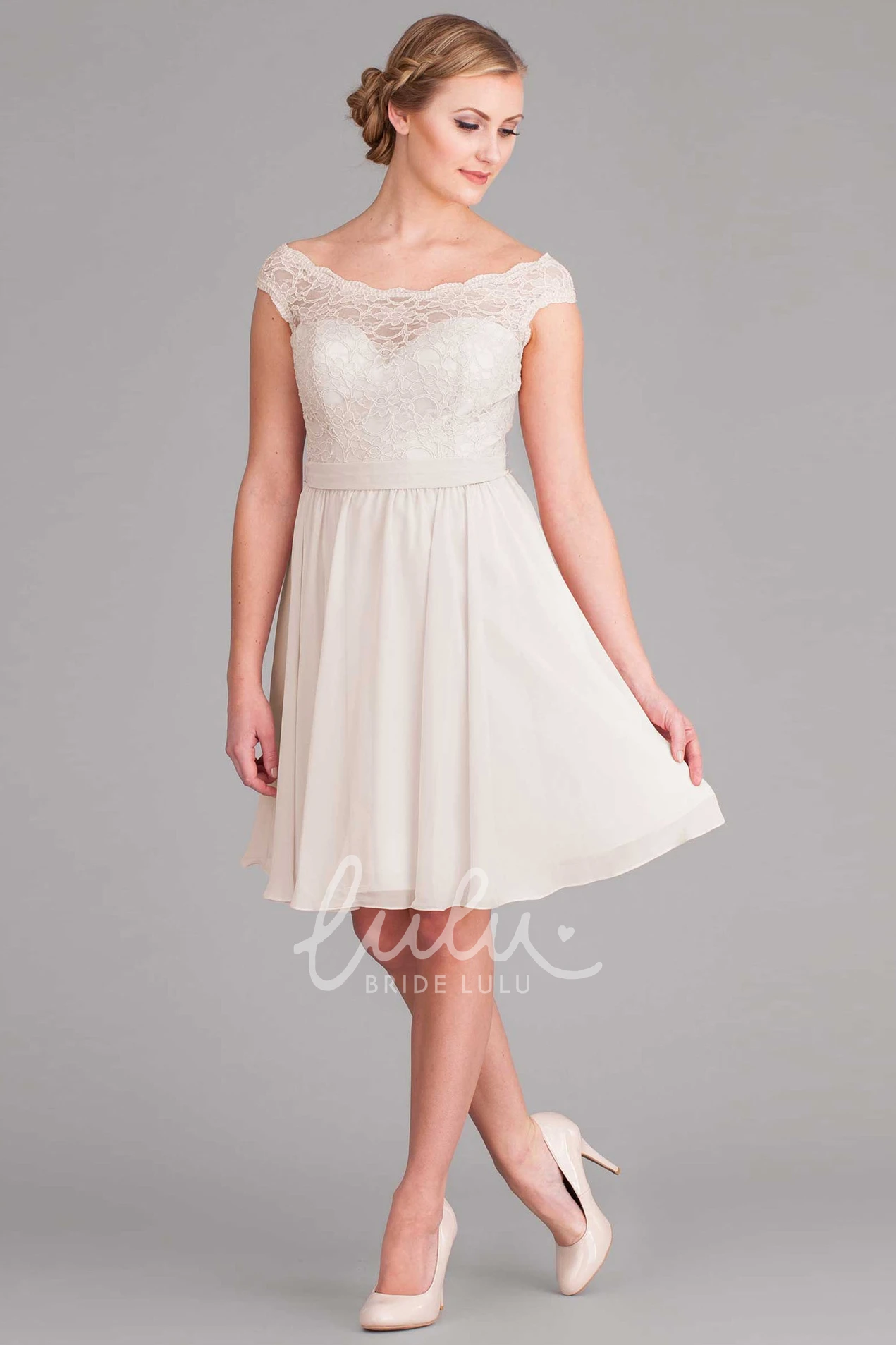 Off-The-Shoulder Lace Chiffon Midi Wedding Dress for Beach Wedding