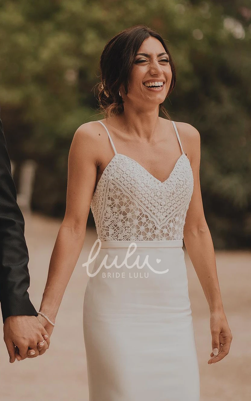 Simple Elegant Spaghetti Straps Sheath Sweetheart Wedding Dress Floral Modern Chiffon Sleeveless Gown with Open Back