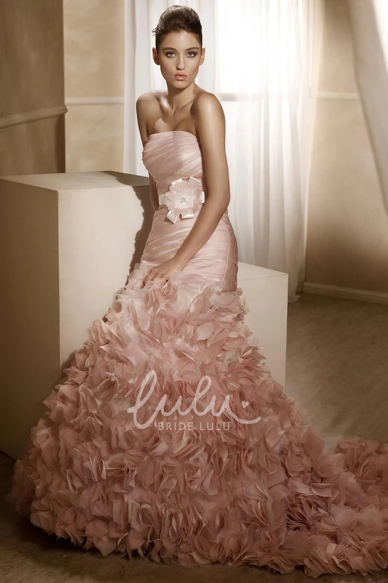 Sleeveless Ruffled Satin A-Line Wedding Dress with Flower and Ruching
