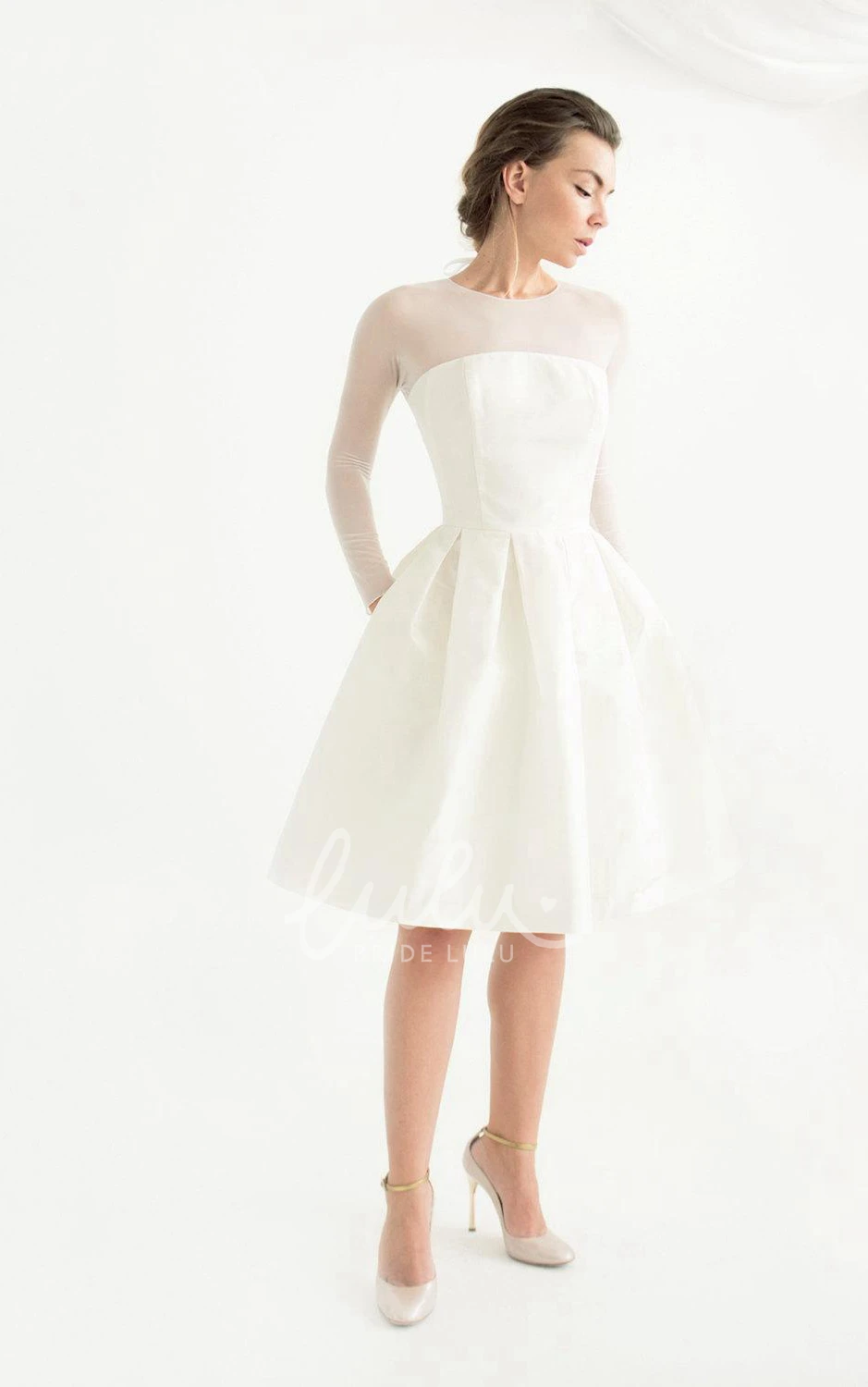 Taffeta Long Sleeve Knee-Length Wedding Dress