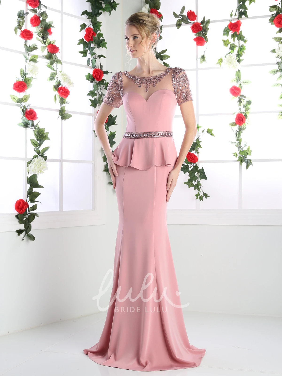 Jersey Illusion Peplum Formal Dress with Beading Sheath Long Scoop-Neck Short Sleeve