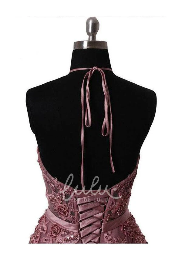 Lace Tulle A-Line Formal Dress with Sweep Train and High Neck