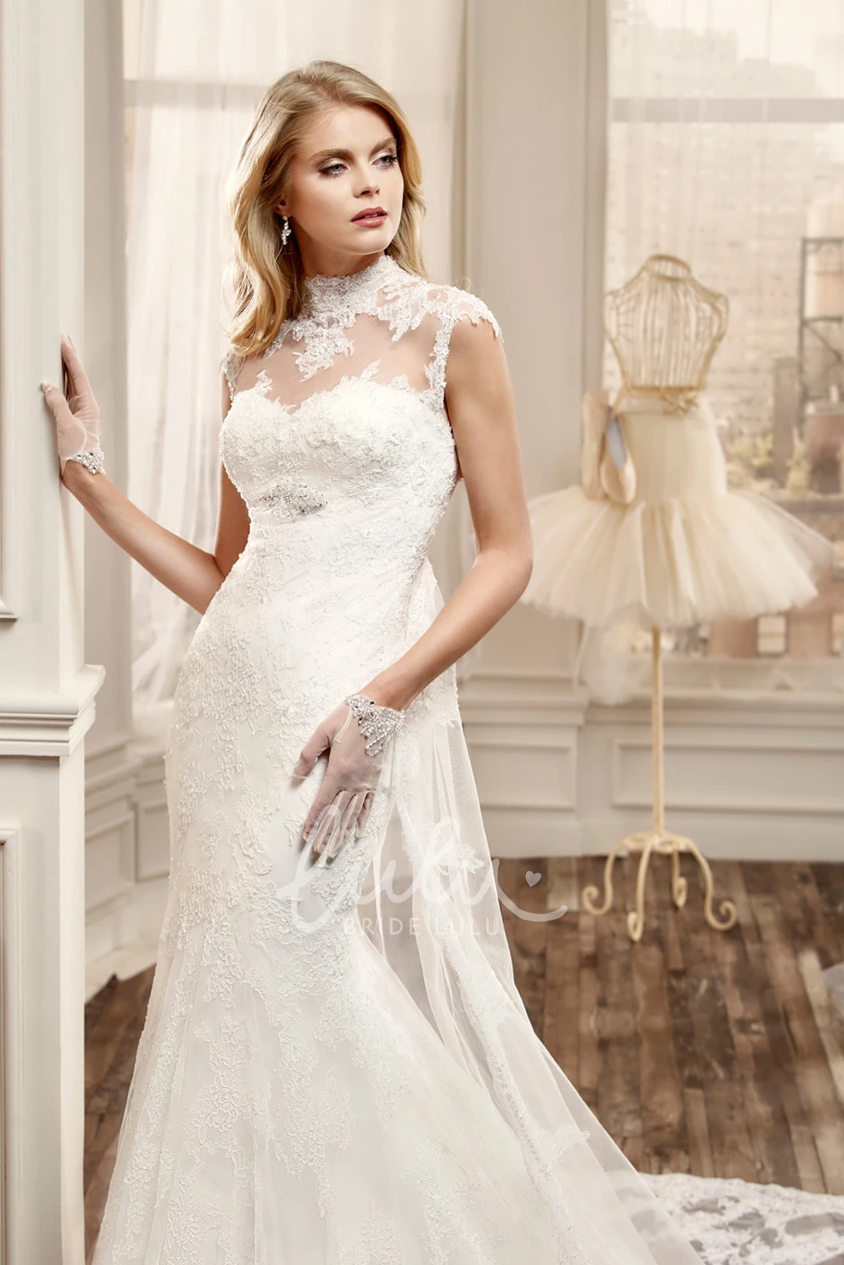 Beaded Bust High-Neck Sheath Lace Wedding Dress with Court Train Modern Wedding Gown