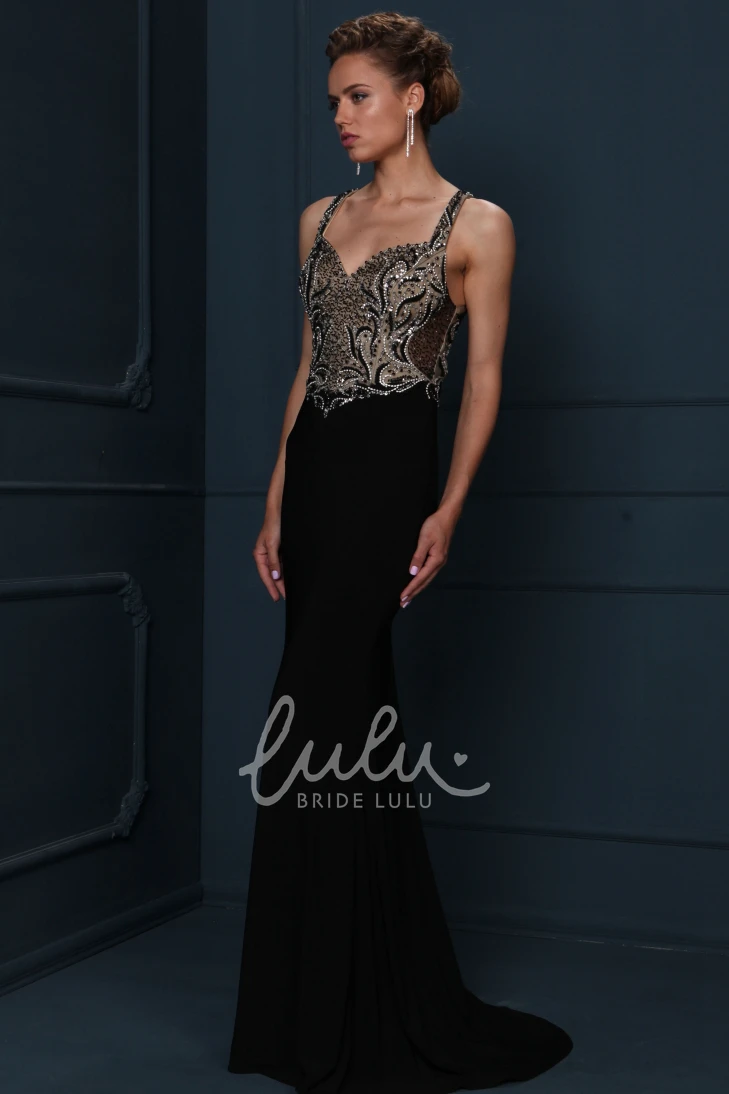 Strappy Sweep Train Evening Dress with Beaded Jersey Fabric