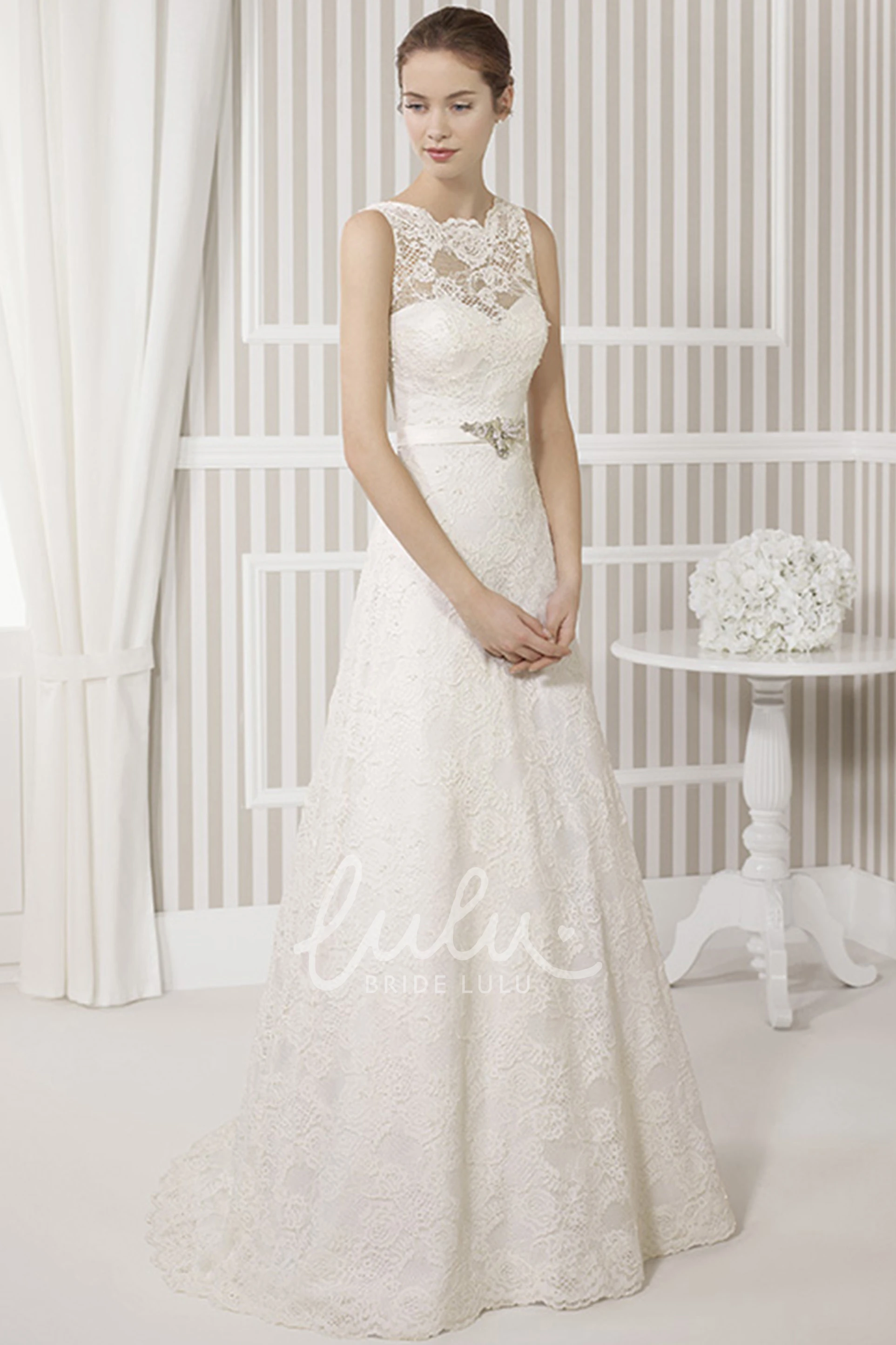 Scoop Neck A-Line Wedding Dress with Bow and Waist Jewelry Classy Wedding Dress