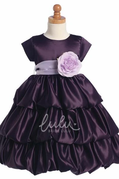 Satin Tiered Cap-Sleeve Flower Girl Dress Tea-Length