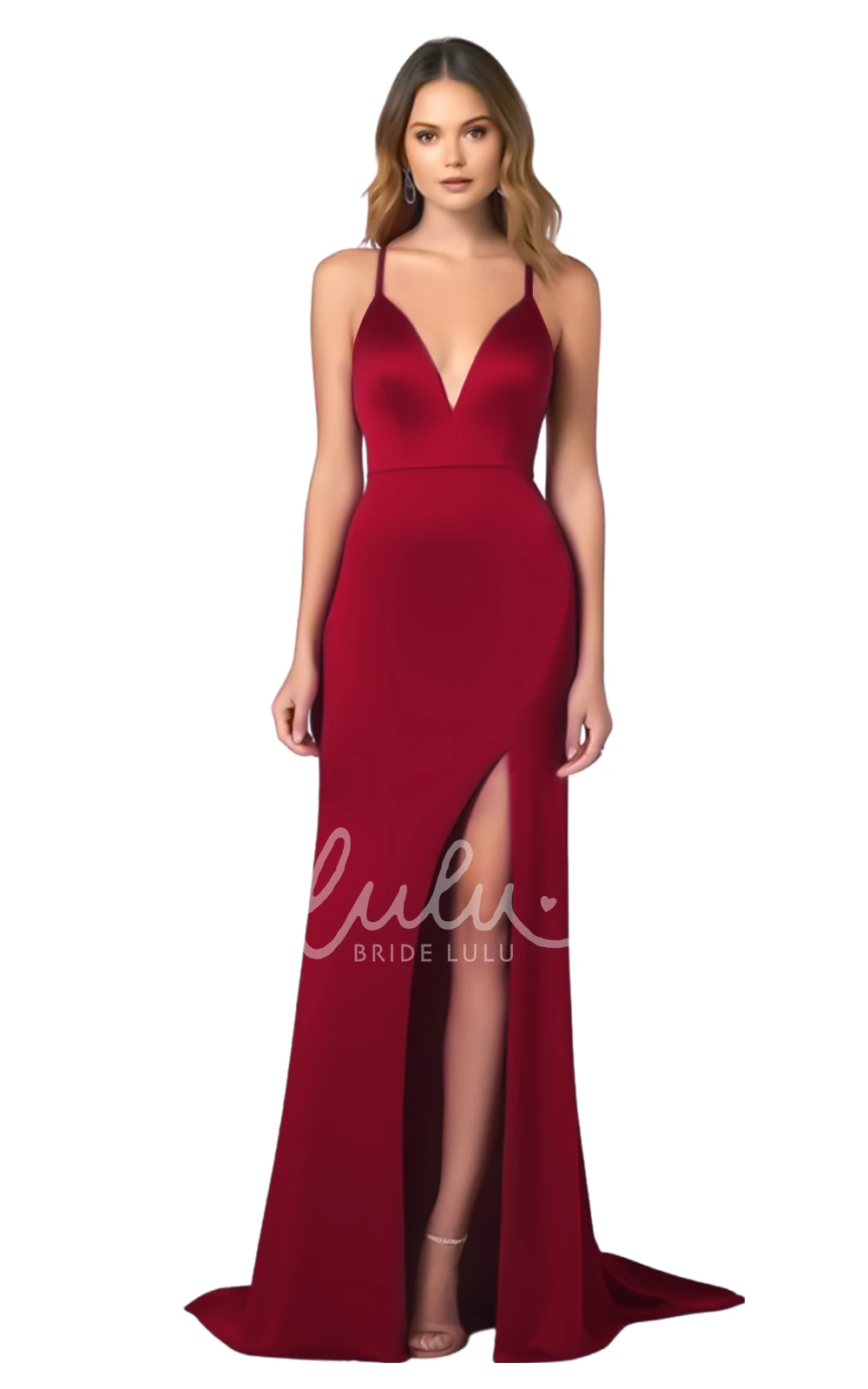 Modern Satin A-Line Spaghetti V-neck Bridesmaid Dress with Front Split Elegant Wedding Dress