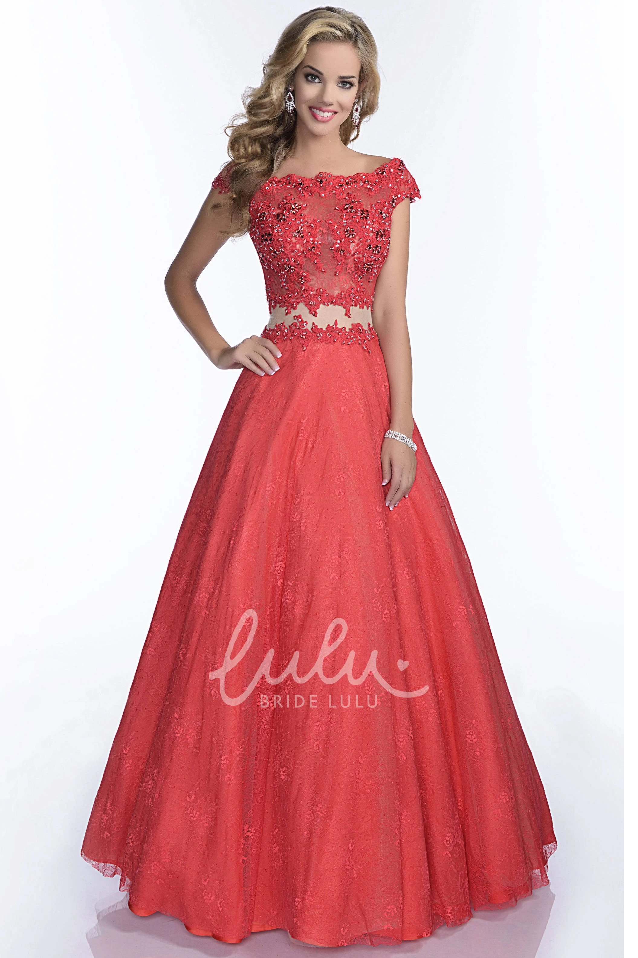 Cap Sleeve Lace A-Line Prom Dress with Scalloped-Edge and Keyhole Back