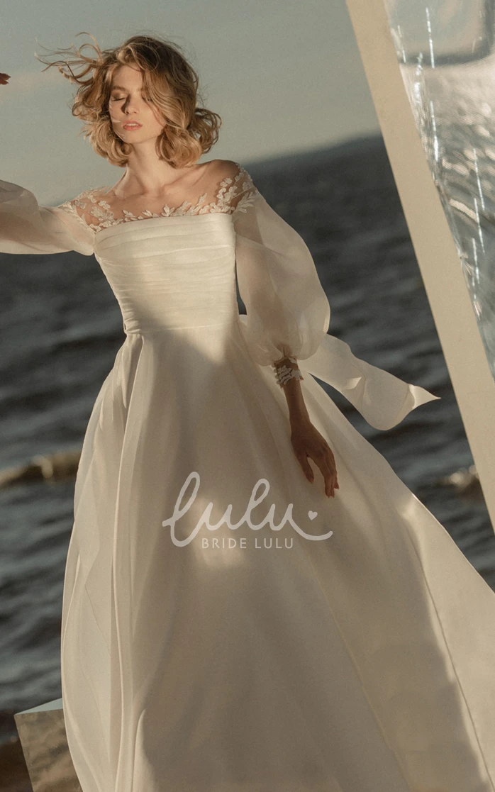 Adorable Low-V Back A-Line Organza Wedding Dress with Poet Sleeves Unique Wedding Dress