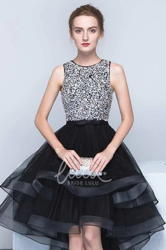 Sleeveless Jewel Neck Organza Dress with Beaded Bodice and High Low Hem Classy Bridesmaid Dress