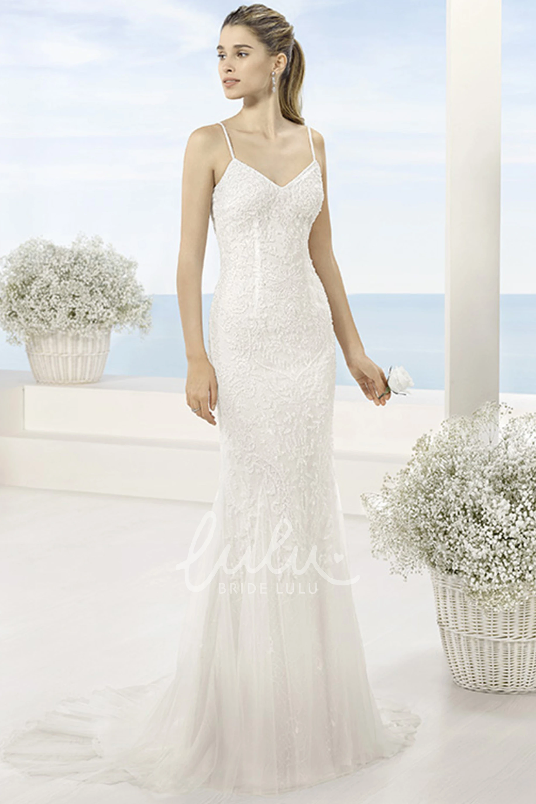 Lace&Tulle Sheath Wedding Dress with Spaghetti Straps and Brush Train Modern Wedding Dress