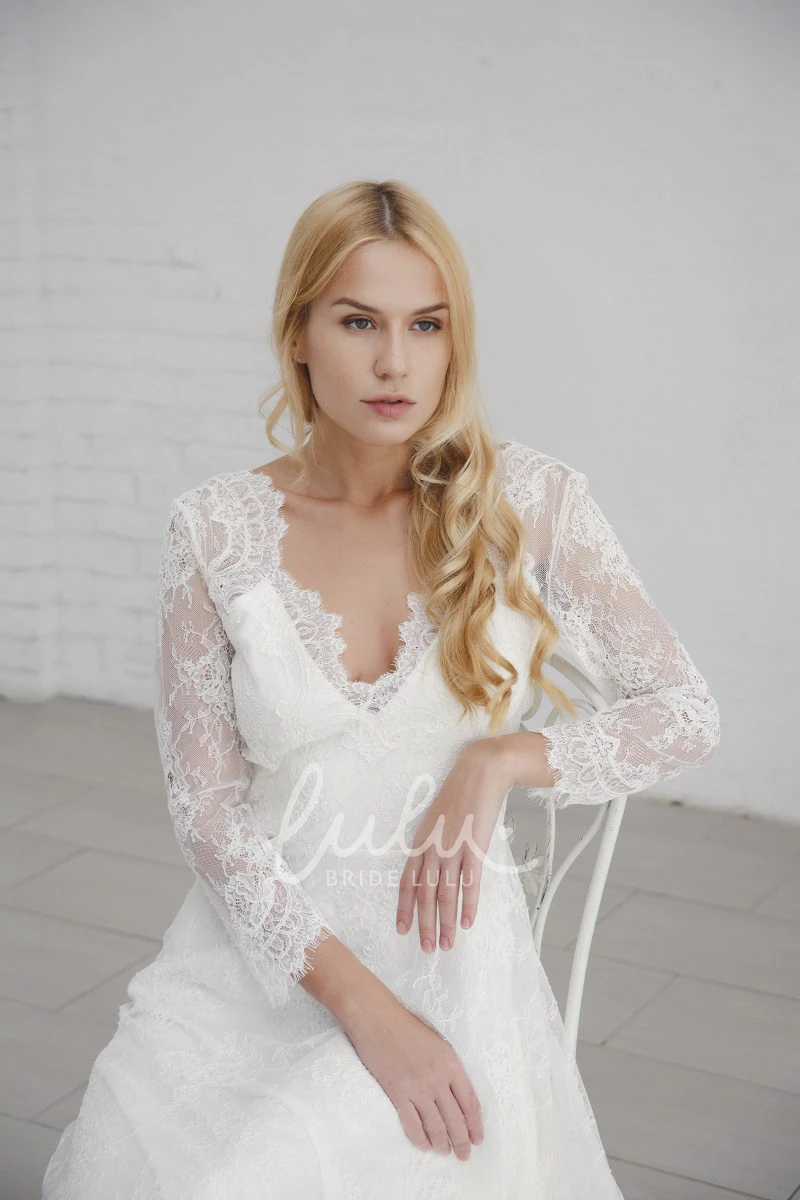 Long Sleeve Lace Wedding Dress with V-neck and Deep V-back Elegant A-line Long Sleeve Wedding Dress