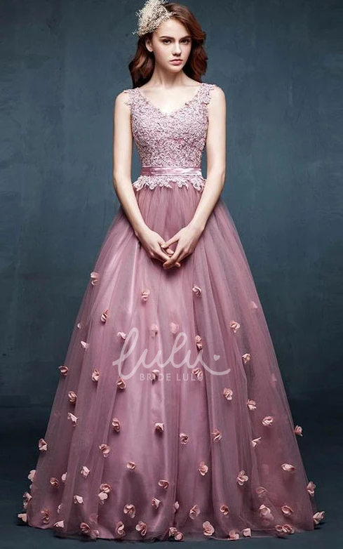 A-line V-neck Tulle Dress with Appliques Flowers Elegant Bridesmaid Dress