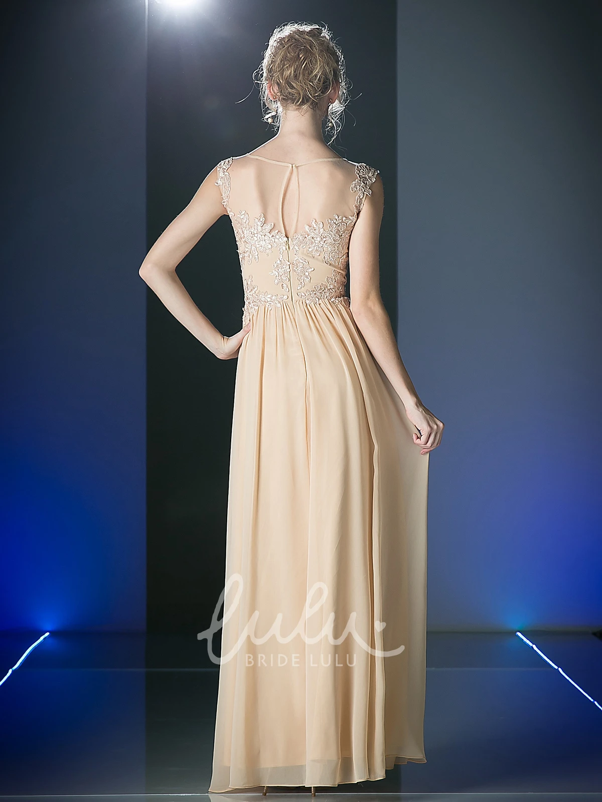 Scoop-Neck Sleeveless Sheath Dress with Appliques and Illusion in Chiffon Fabric