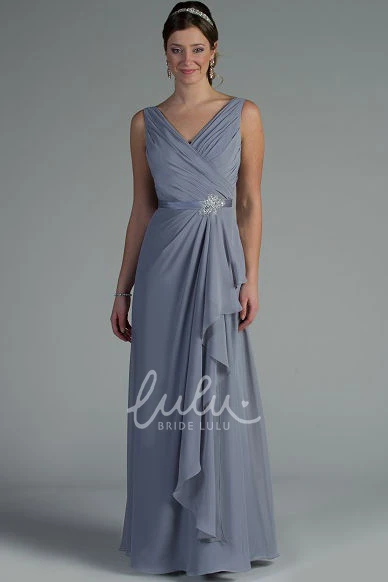 Chiffon Mother of the Bride Dress with Crystal Satin Sash V Neck Sleeveless Side Drape