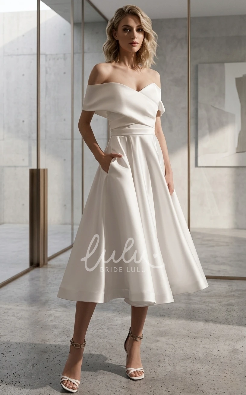 Modern A-Line Tea-length Wedding Dress Minimalist Off-the-Shoulder Criss Cross Satin Gown