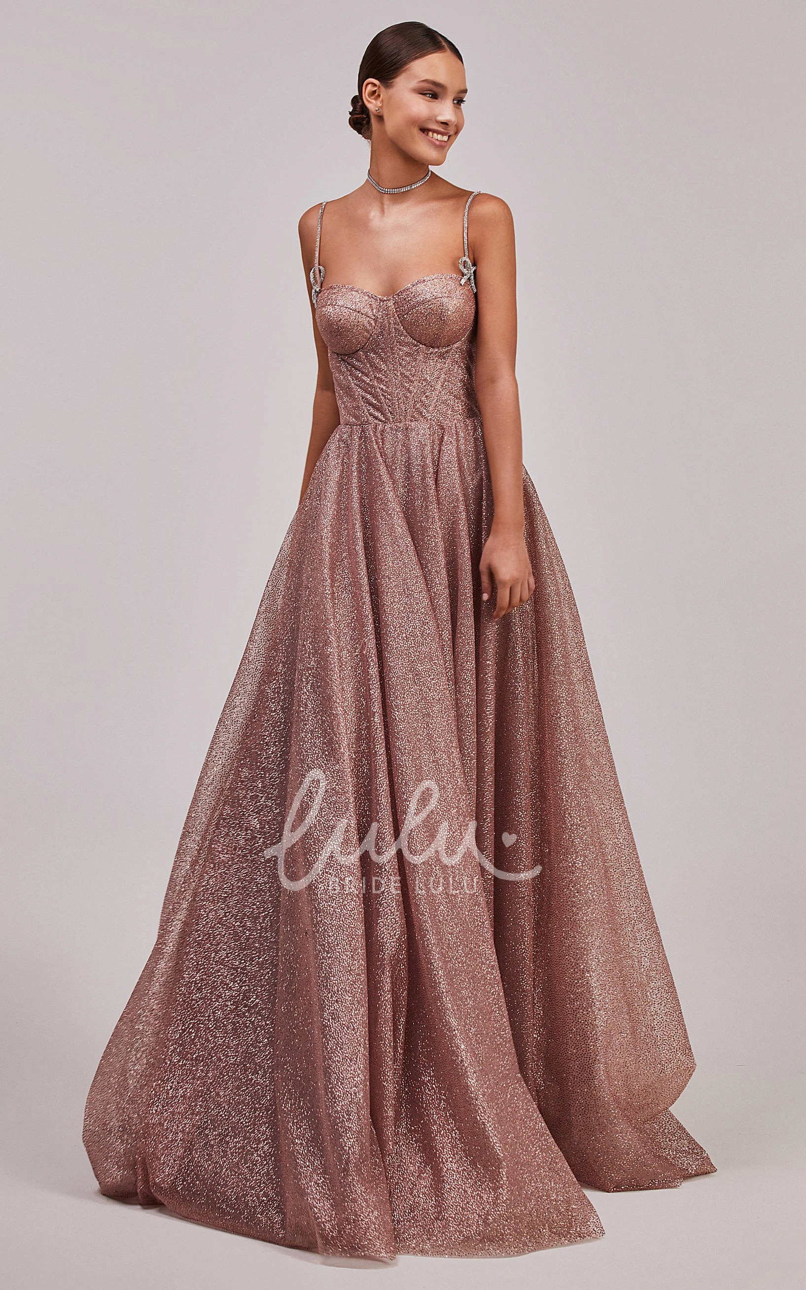 Romantic Sequins Spaghetti Formal Dress with Lace-up Back and Bow Women's Evening Gown