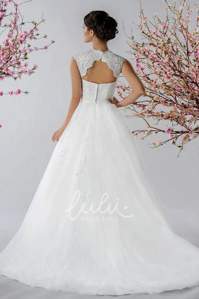 A-Line Tulle Bridal Gown with Cap Sleeves and Crystal Sash Wedding Dress