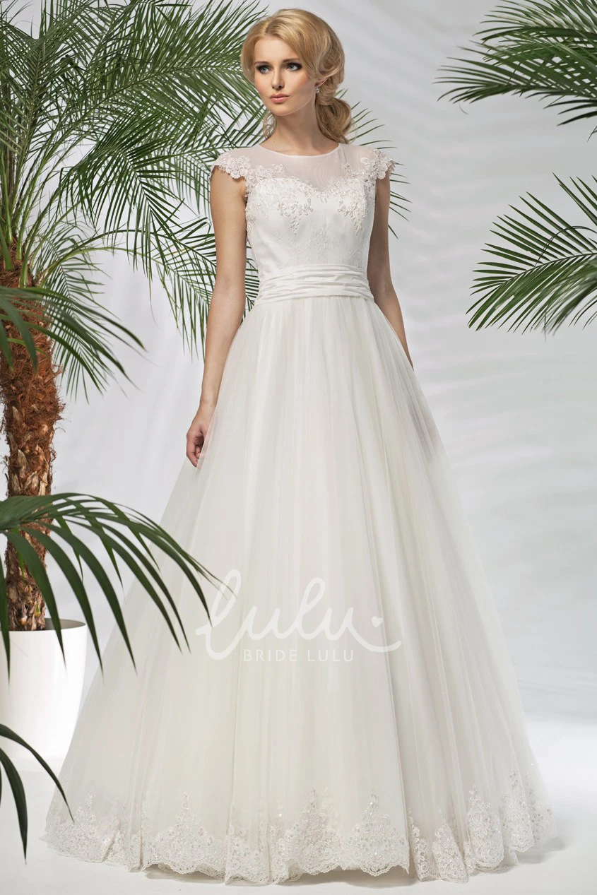 Appliqued A-Line Satin&Tulle Wedding Dress Cap-Sleeve Long