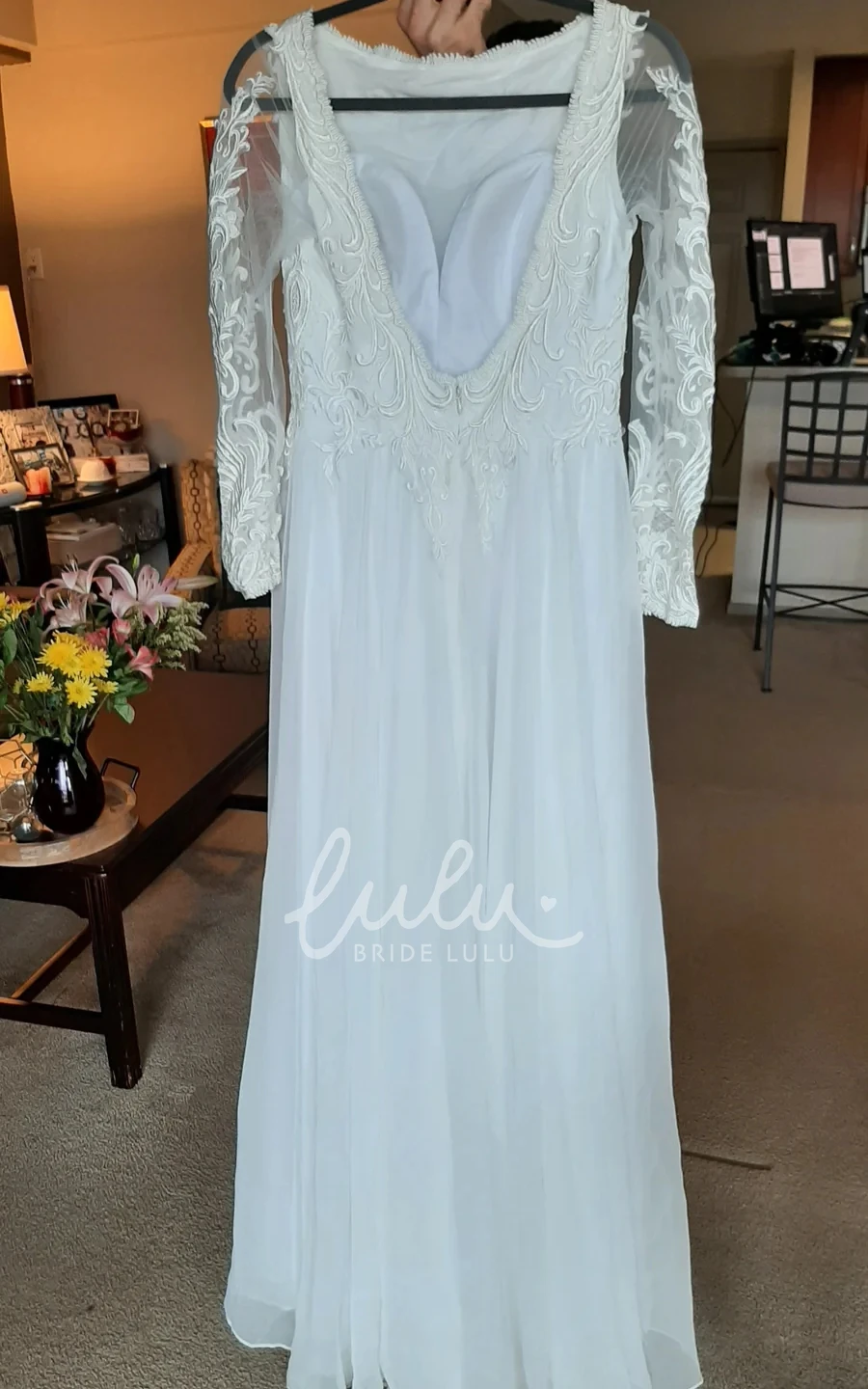 Vintage 1920s Wedding Dress Long Sleeve Sheath Chiffon Floor-length with Lace Deep-V Back