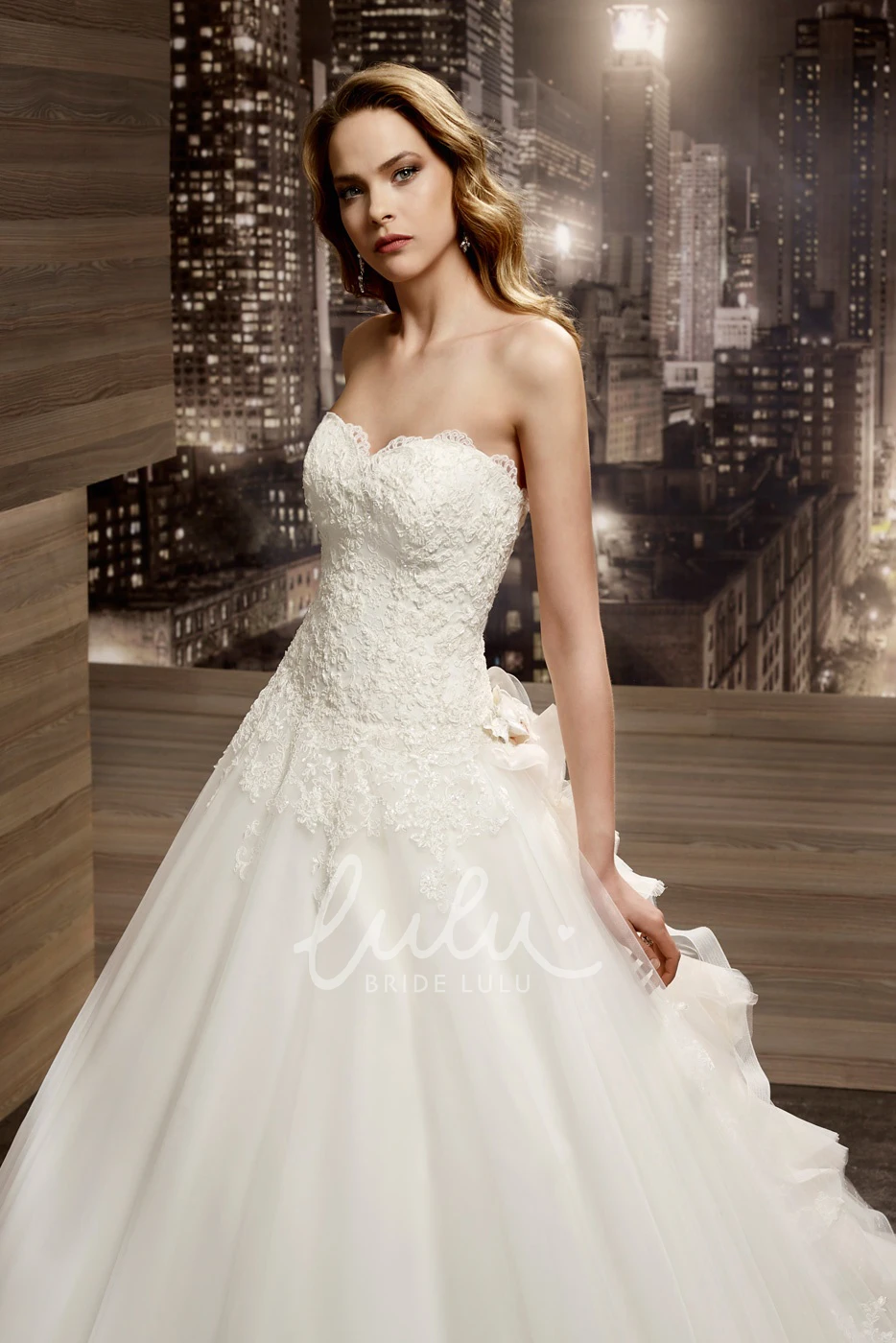 Lace-up Back A-line Wedding Dress with Strapless Appliques and Ruching Train Classy Bridal Gown