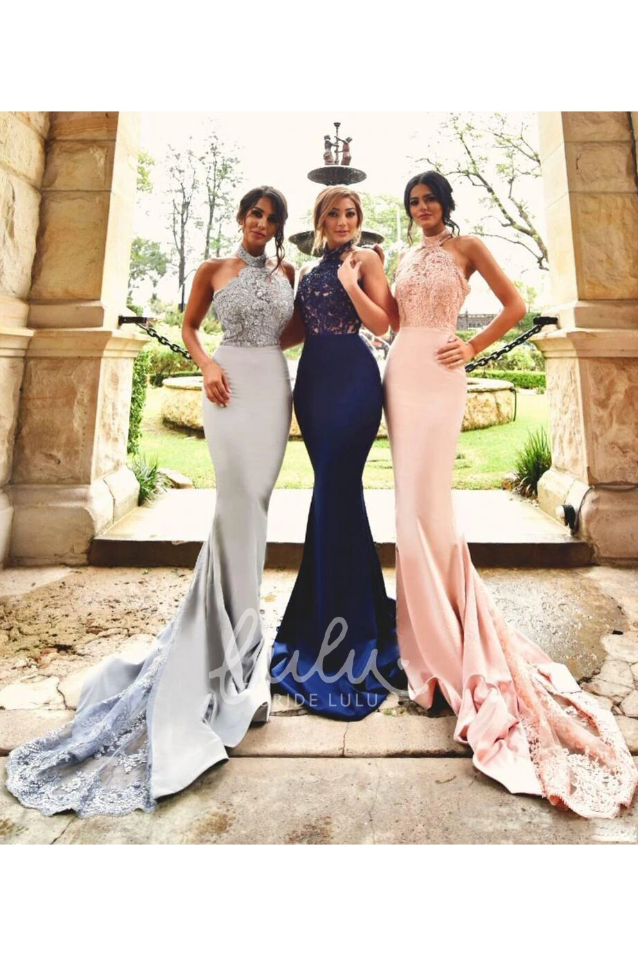 Halter Satin Mermaid Dress with Appliques Elegant Court Train