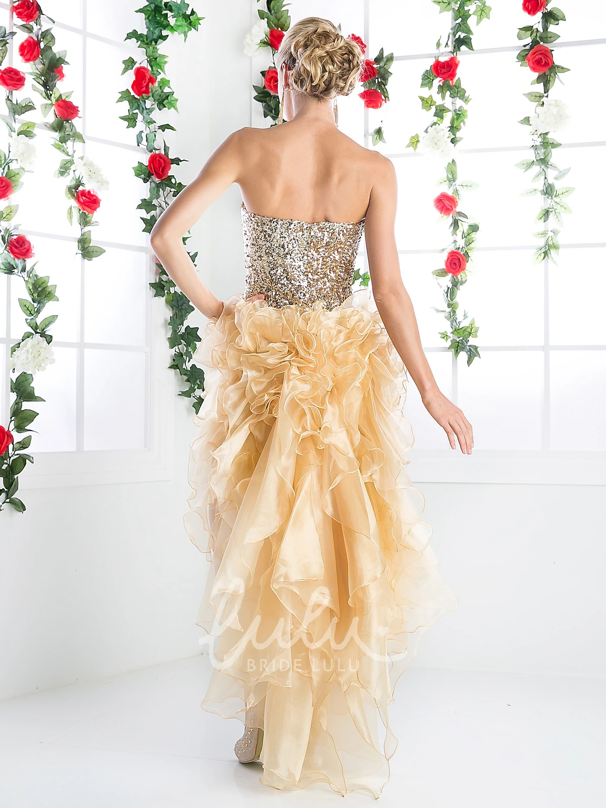 High-Low Organza A-Line Bridesmaid Dress with Beading and Ruffles