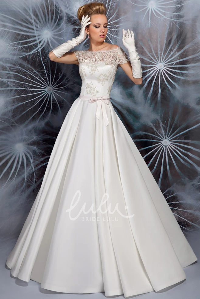 Cap Sleeve Bateau Neck Satin Spring Wedding Dress with Appliques A-Line Maxi Style