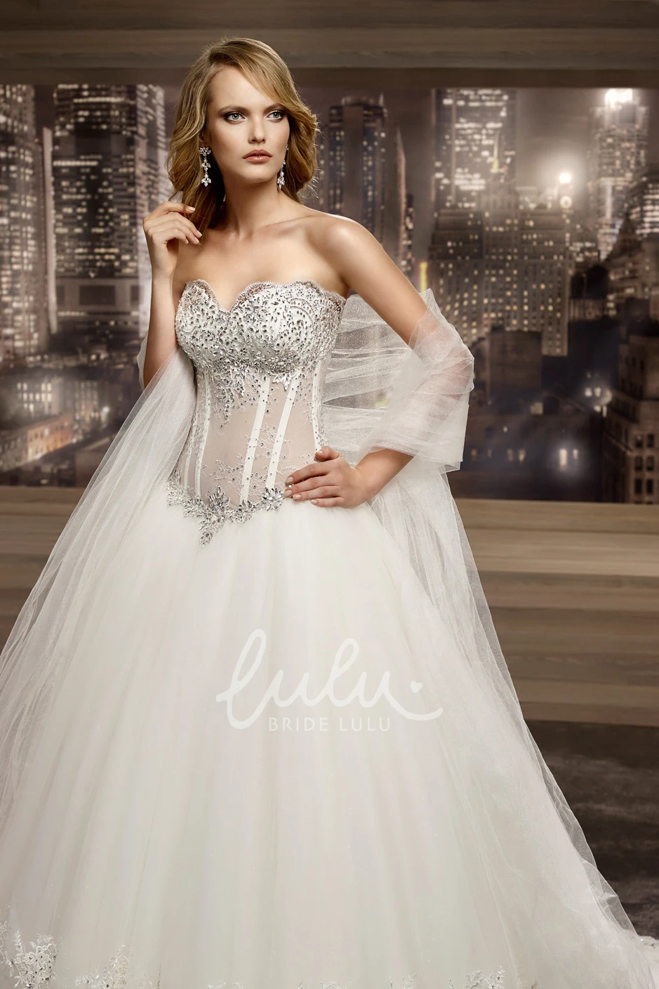 Beaded Illusion Corset A-Line Wedding Dress with V-Waist and Tiered Skirt