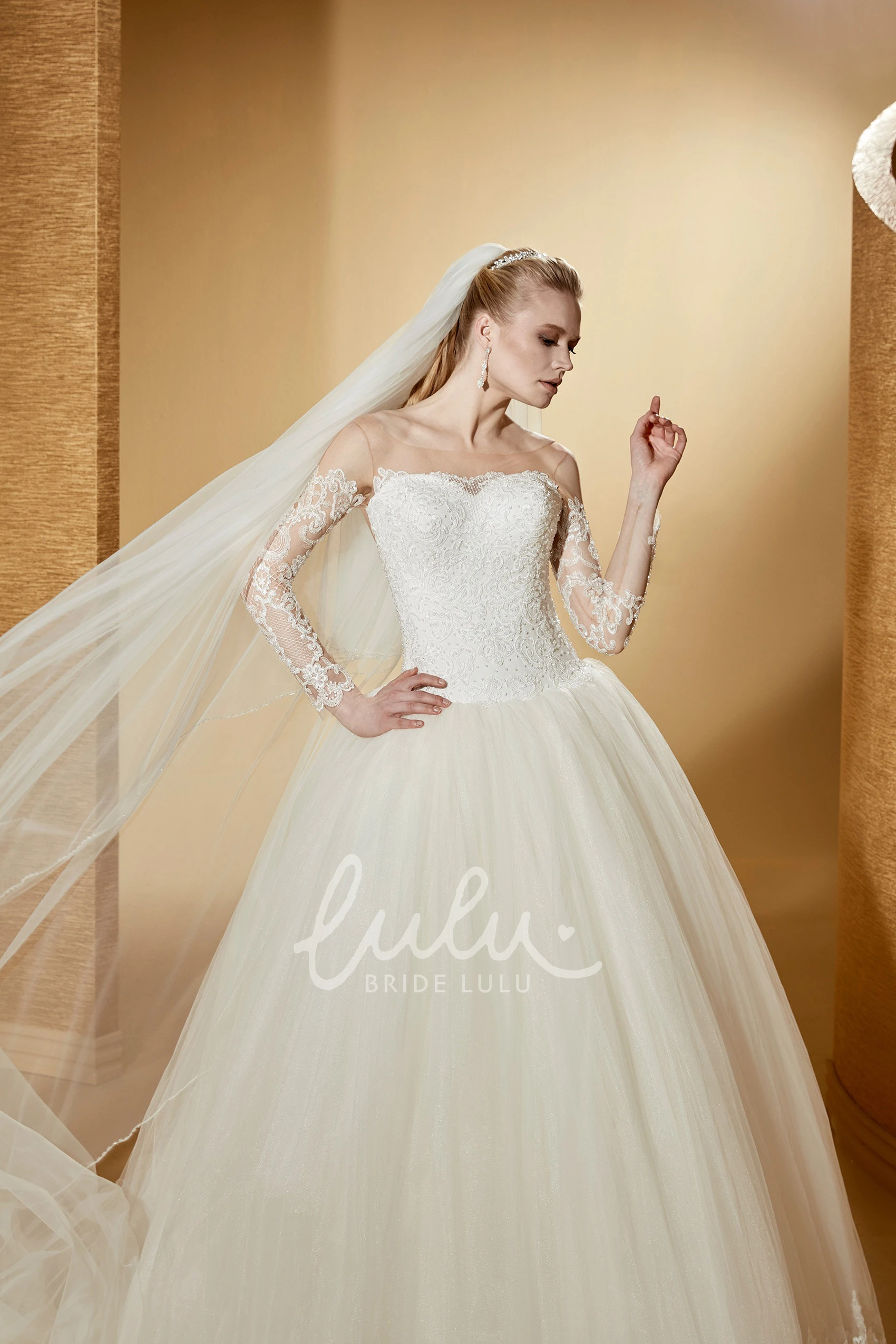 Long-Sleeve Lace Applique Bodice Ball Gown with Illusive Neckline Lovely and Classy