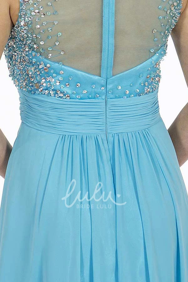 Beaded A-Line Chiffon Prom Dress with Pleats Sleeveless Long Scoop-Neck