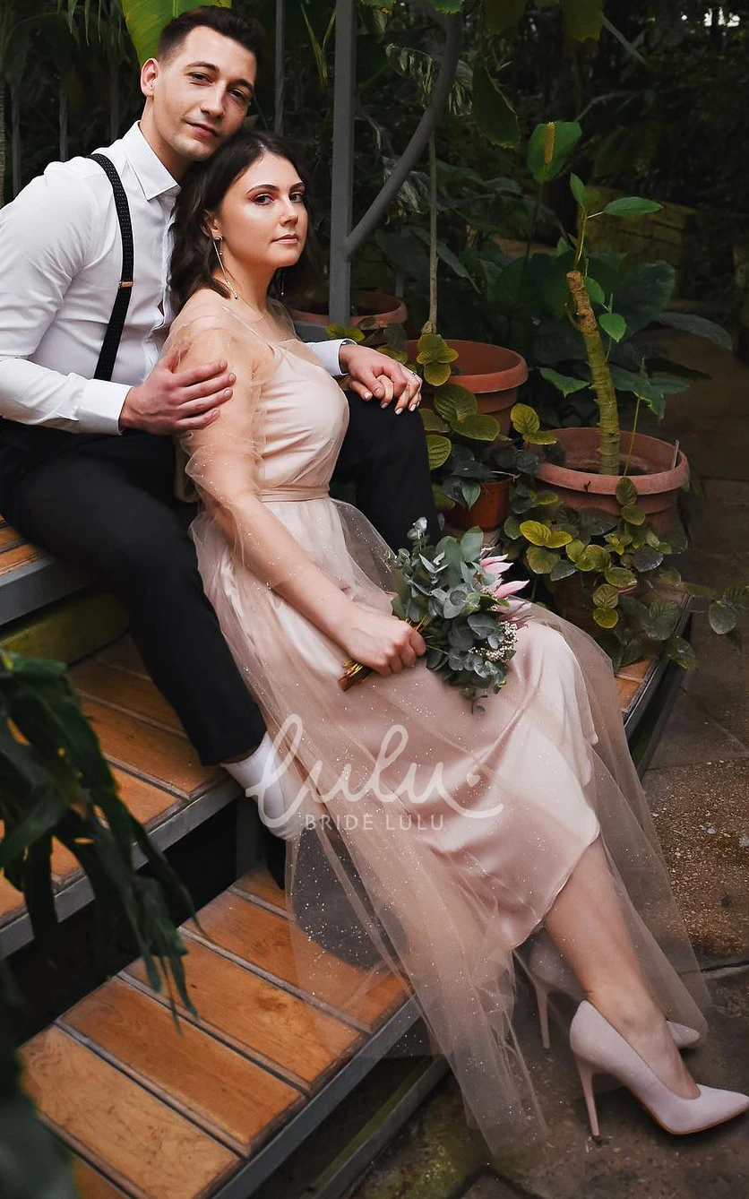 Satin Tulle Long Sleeve Prom Dress Elegant Spaghetti Straps