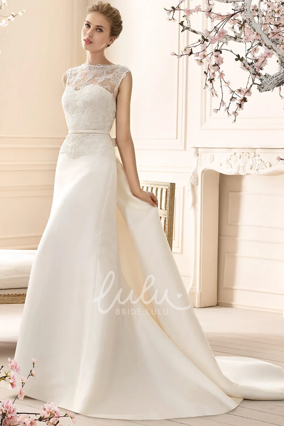 High-Neck Sleeveless Sheath Satin Wedding Dress with Long Lace Modern Wedding Dress