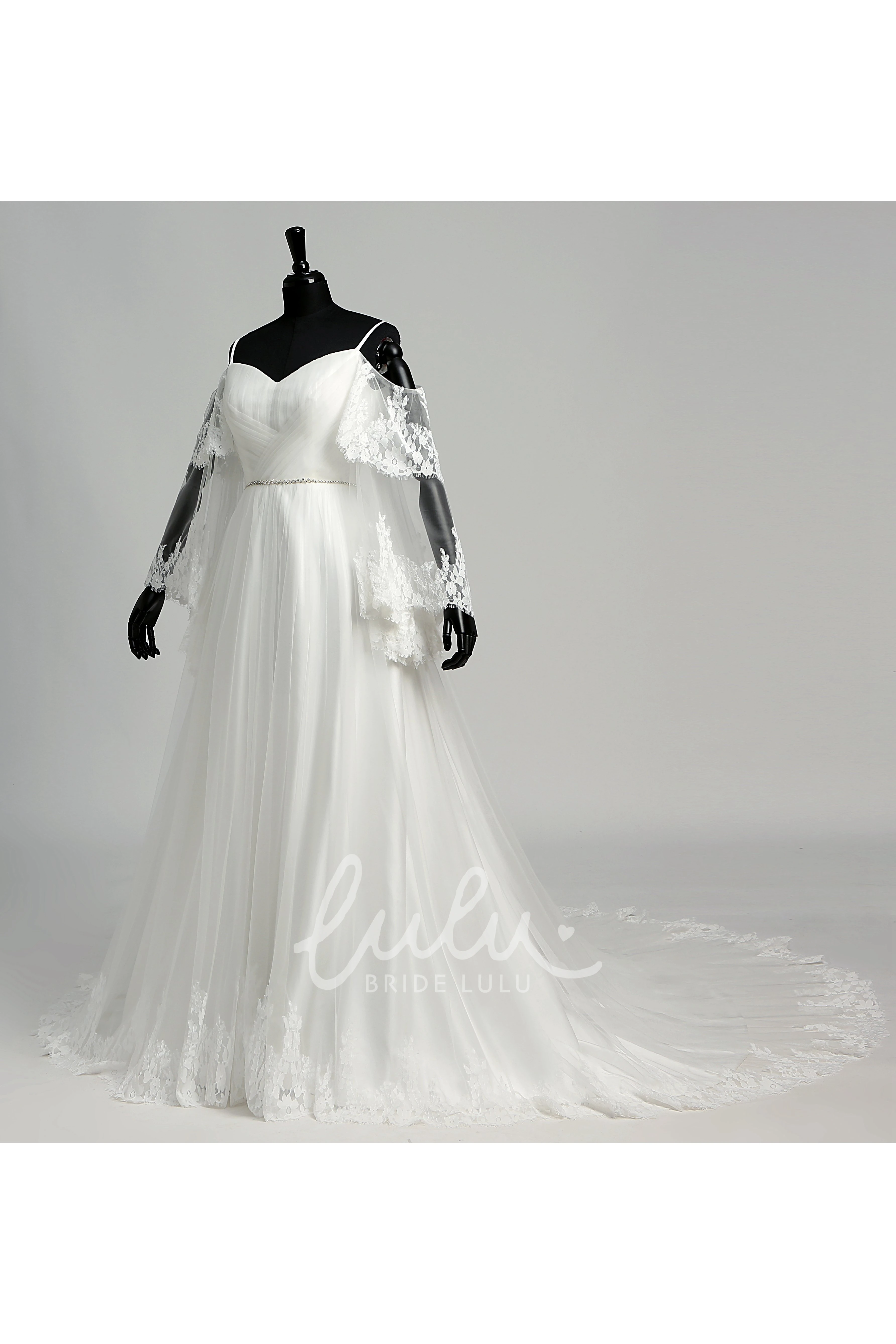 Tulle A-line Wedding Dress with Off-the-shoulder Neckline Spaghetti Straps Bell Sleeves and Illusion Details