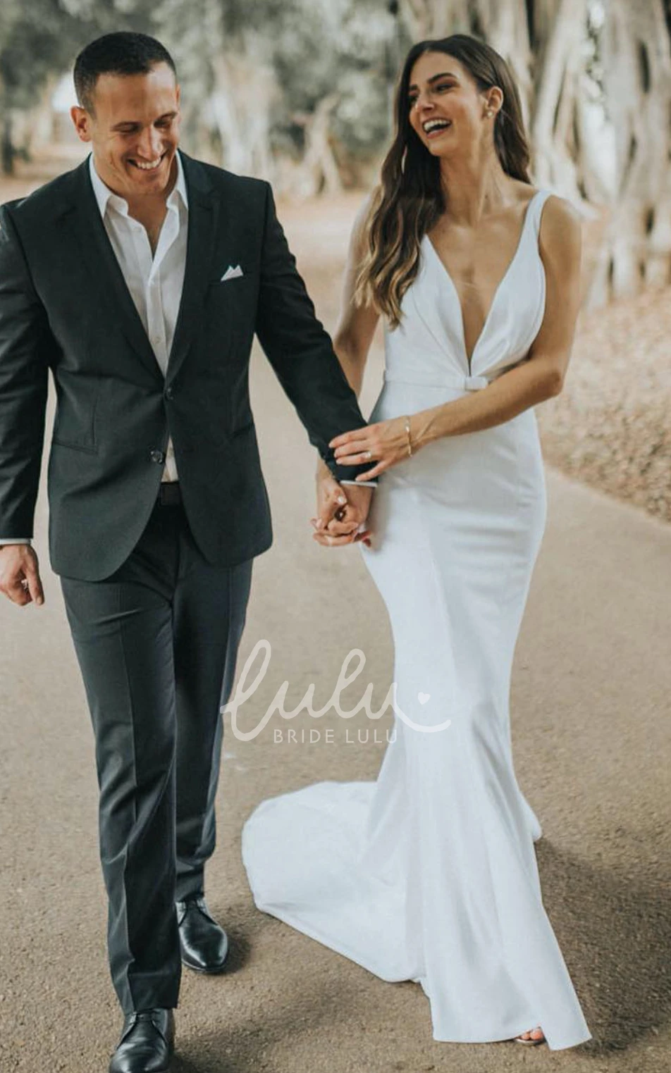 Romantic Plunging Neckline Satin Beach Wedding Dress with Deep-V Back Mermaid