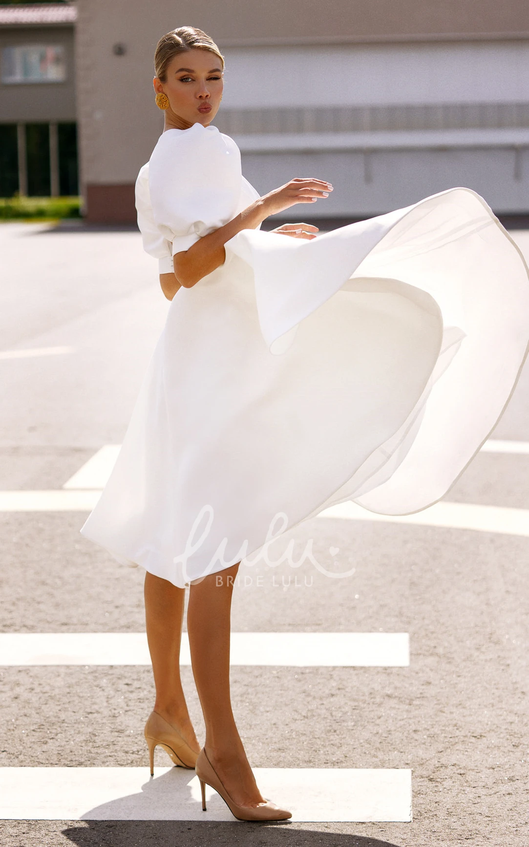 Satin A Line Knee-length Wedding Dress with Bateau Neckline