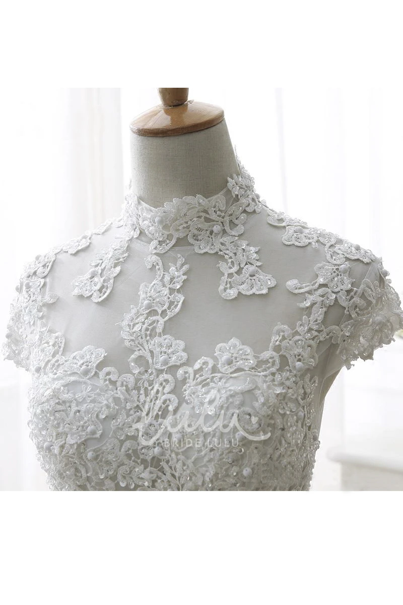 Illusion High Neck Ball Gown Wedding Dress with Beadings and Appliques