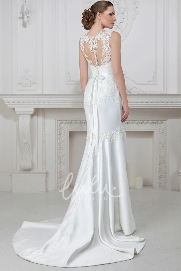 Sleeveless Maxi Jewel-Neck Satin Sheath Wedding Dress Classy Bridal Gown