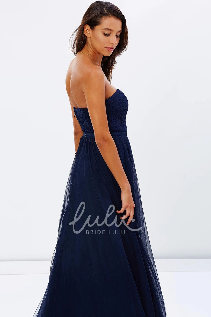 Pleated Ribbon A-Line Sleeveless Lace Sweetheart Tulle Bridesmaid Dress