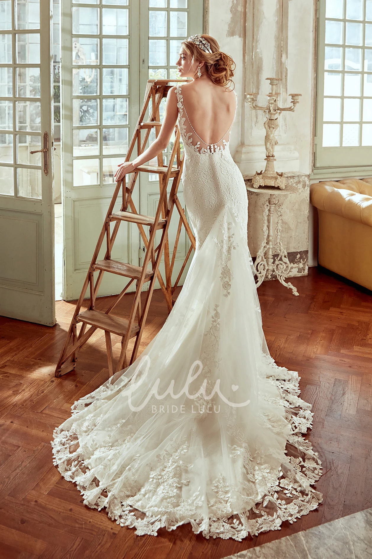 Sheath Winter Wedding Dress with Lace Floral Straps and Open Back Unique Bridal Gown