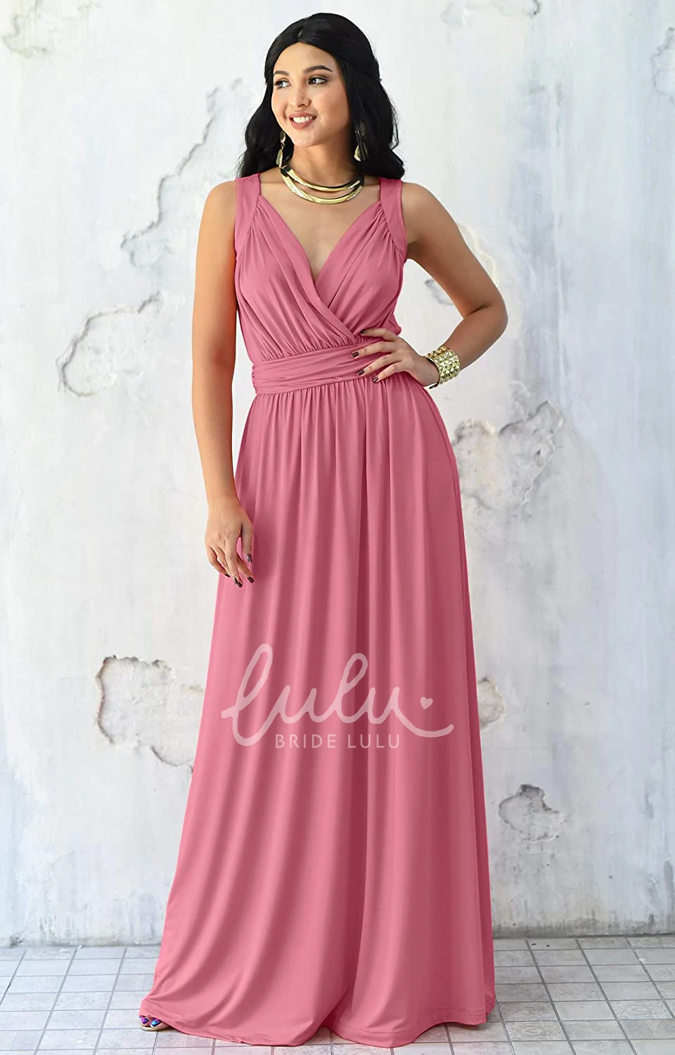 Sleeveless V-neck Chiffon A-line Bridesmaid Dress with Ruching Sexy