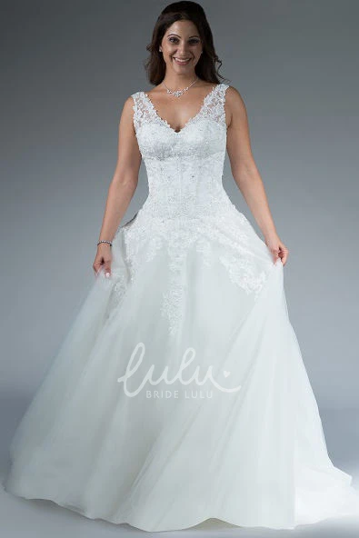 Crystal V Neck A-Line Tulle Wedding Dress with Applique and Drop Waist