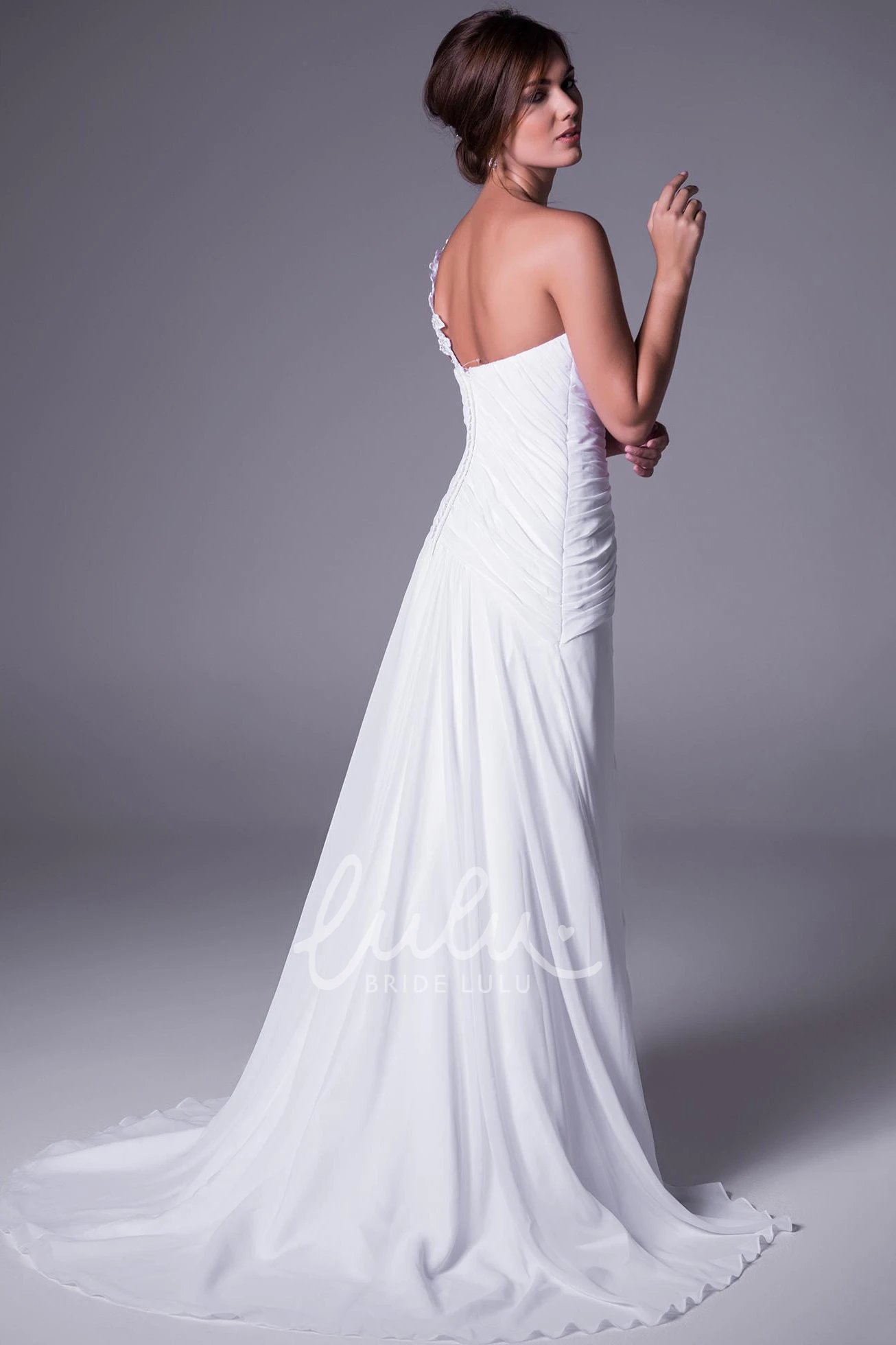 Ruched Chiffon One-Shoulder Wedding Dress Floor-Length Brush Train