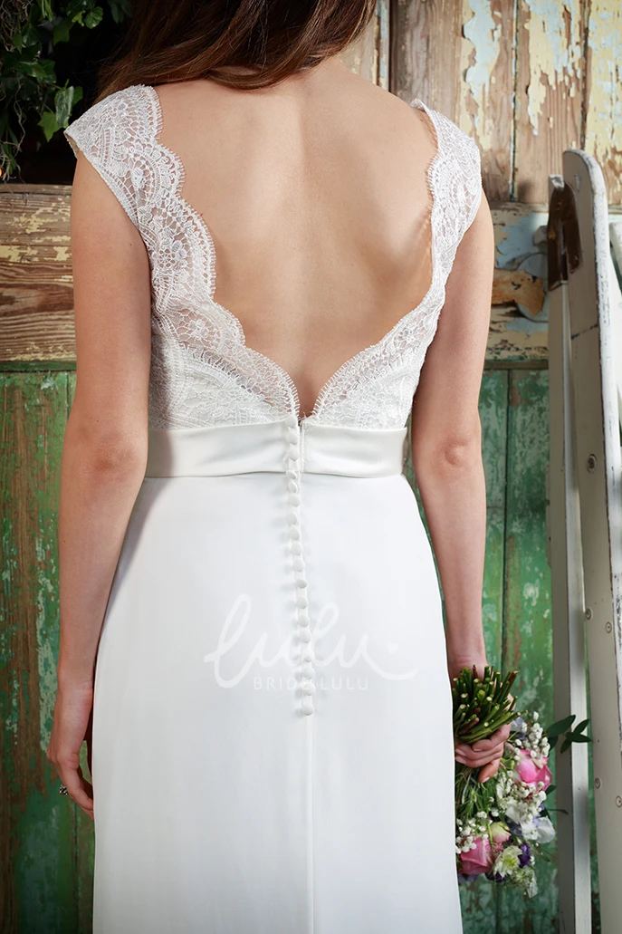 V-Neck Jeweled Satin&Chiffon Wedding Dress with Cap-Sleeves and Lace Sheath