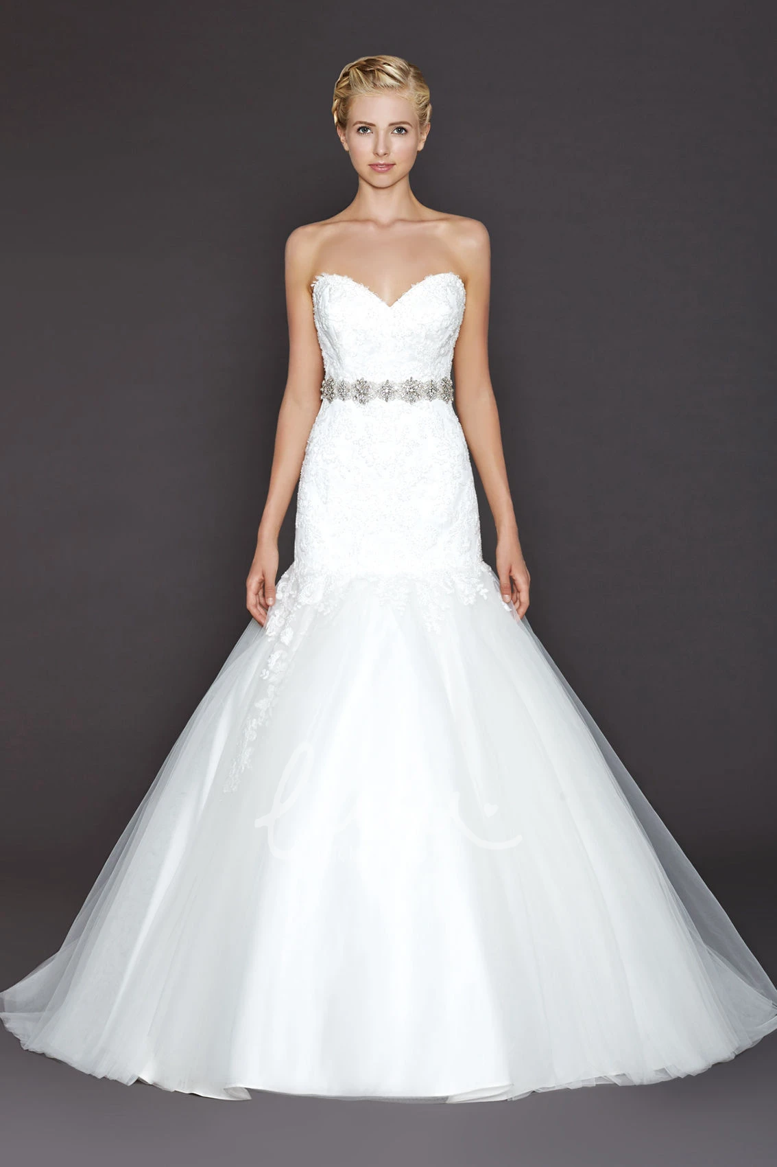 Jeweled Sweetheart Trumpet Lace and Tulle Wedding Dress with Appliques and V-Back