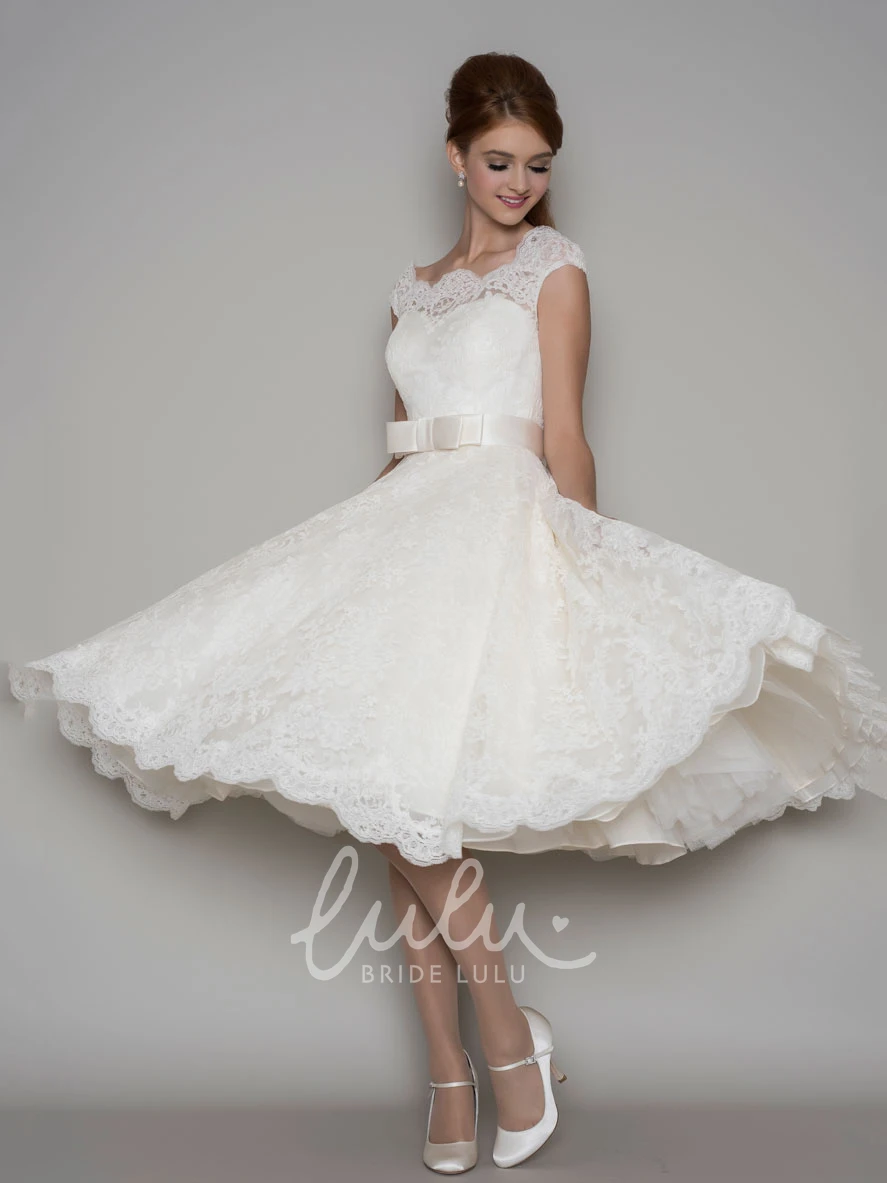 A-Line Lace Wedding Dress Tea-Length Cap Sleeve Square Neck Ribboned