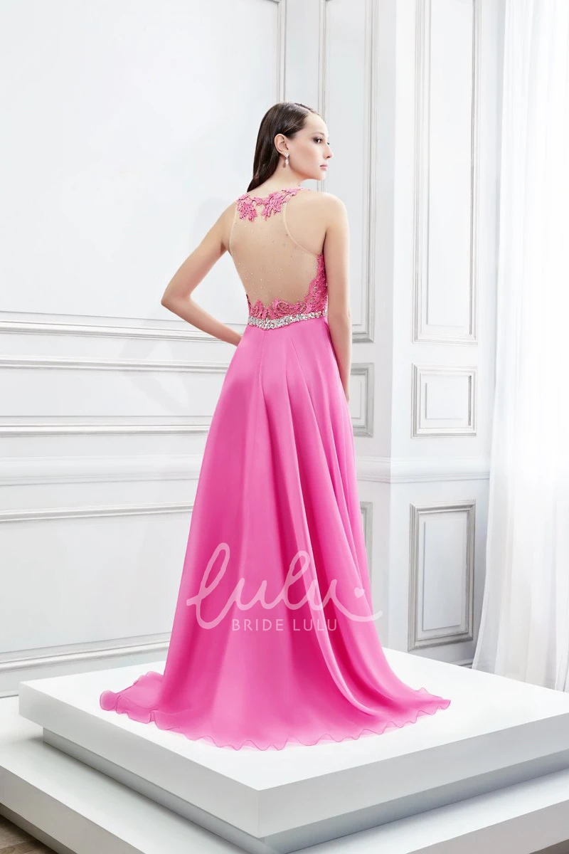 Satin Chiffon Floor-Length Prom Dress with Applique and Scoop Neck
