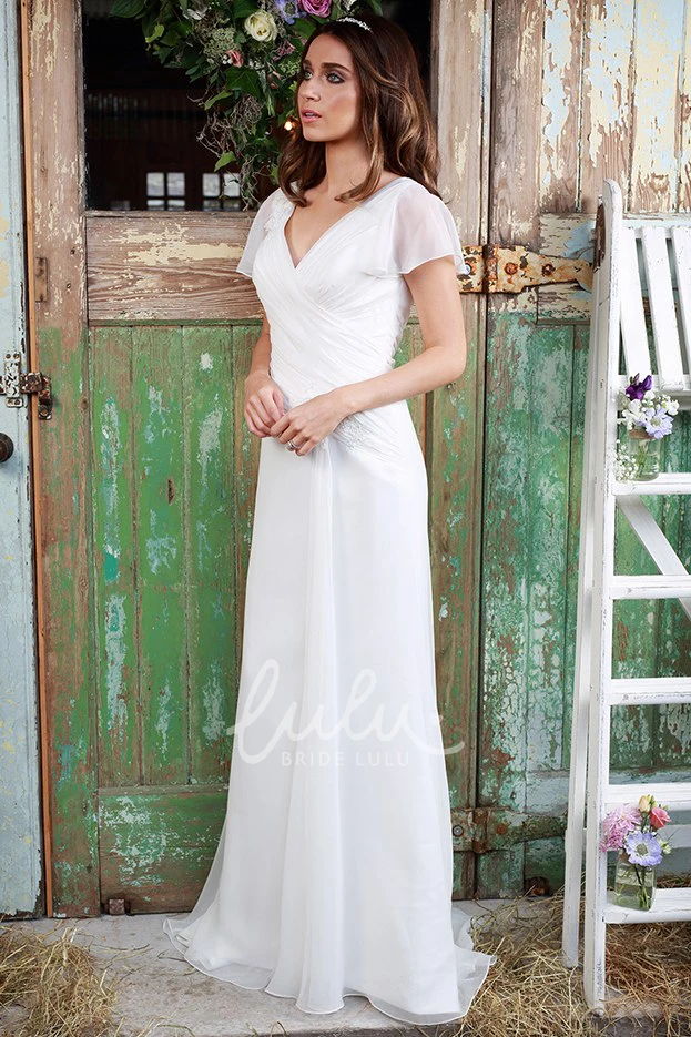 Criss Cross Chiffon Wedding Dress Sheath V-Neck Poet Sleeves