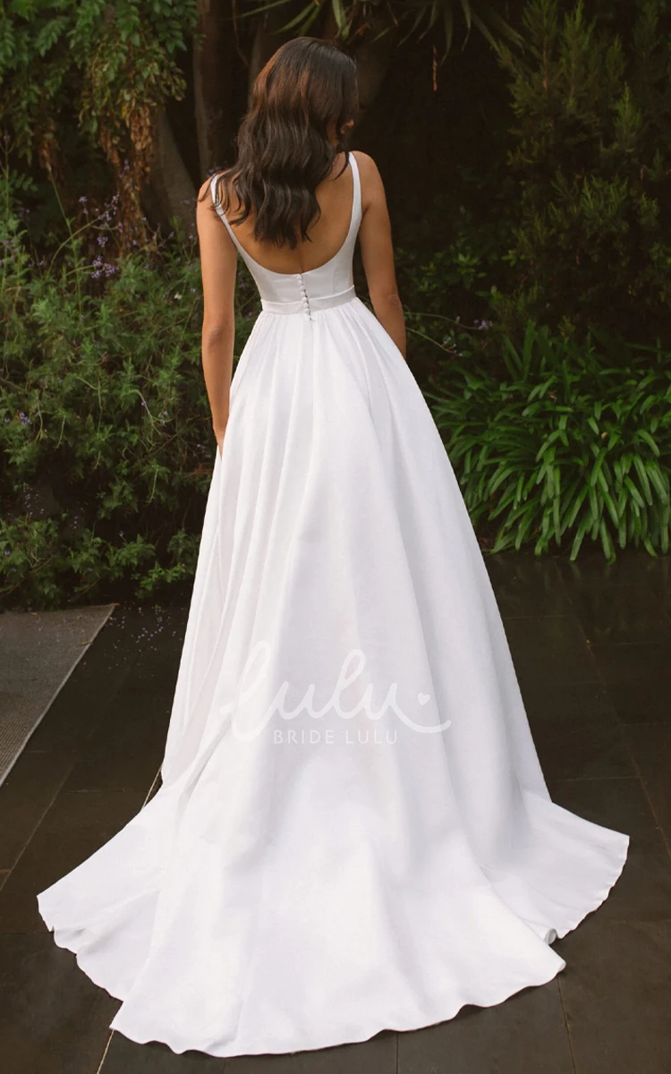 Solid Scoop Neck A-Line Straps Satin Wedding Dress Floor-length Sleeveless Button Back Bridal Gown