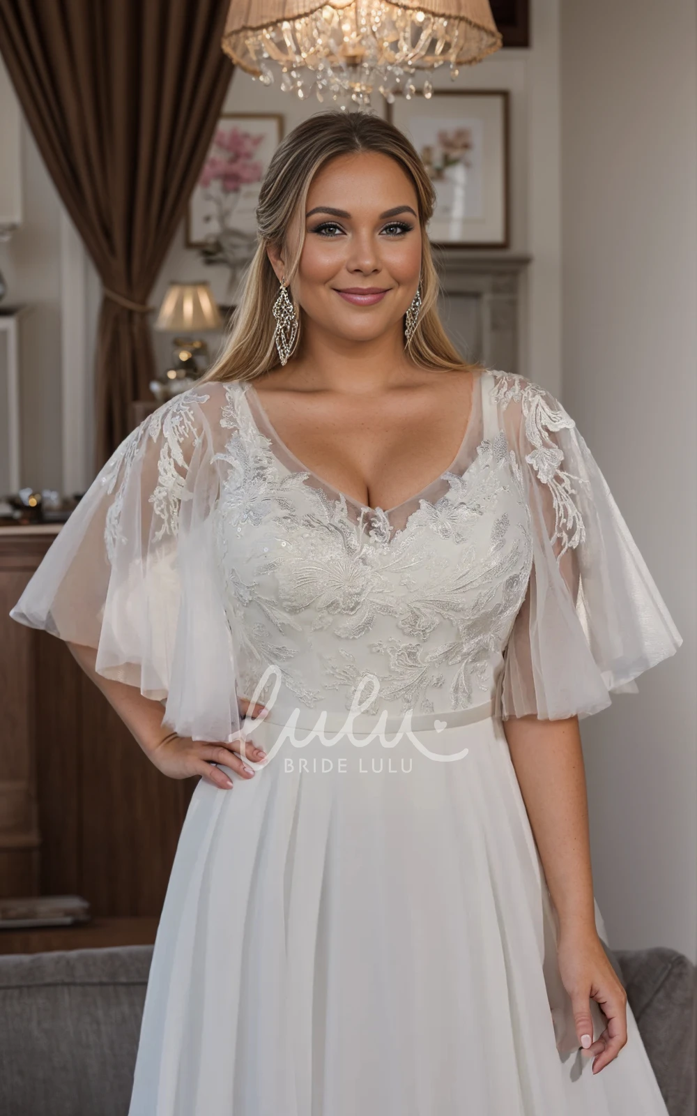 Flowy Elegant Plus Size A-Line Lace Tulle V-Neck Winter Wedding Dress Modest Vintage Short Bell Sleeve Chiffon Court Train Bridal Gown